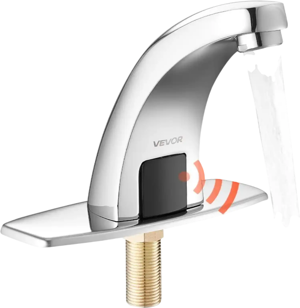 VEVOR Touchless Bathroom Sink Faucet, Automatic Motion Sensor Restroom Toilet Faucet Cold Water with Hole Cover Plate, Battery Operated for 9/16 in Pipe Commercial Lavatory,Chrome Plated Silver,G233M