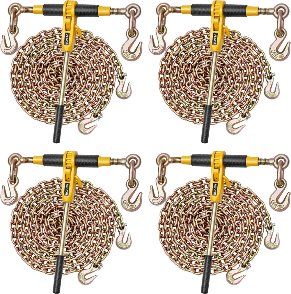 VEVOR Ratchet Chain Binder, 5/16 in x 12.8 ft G80 Chains, 8000 lbs Working Load of Ratchet Load Binder, Chains and Binders Set, Tie Down Hauling Chain Binders for Hauling, Towing, Logging (4 Sets)