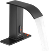 VEVOR Touchless Bathroom Sink Faucet, Automatic Motion Sensor Waterfall Restroom Toilet Faucet with Hole Cover Plate, Battery Operated,Hot/Cold Water for 9/16 in Pipe Commercial Lavatory,Matte Black