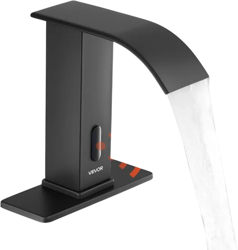 VEVOR Touchless Bathroom Sink Faucet, Automatic Motion Sensor Waterfall Restroom Toilet Faucet with Hole Cover Plate, Battery Operated,Hot/Cold Water for 9/16 in Pipe Commercial Lavatory,Matte Black