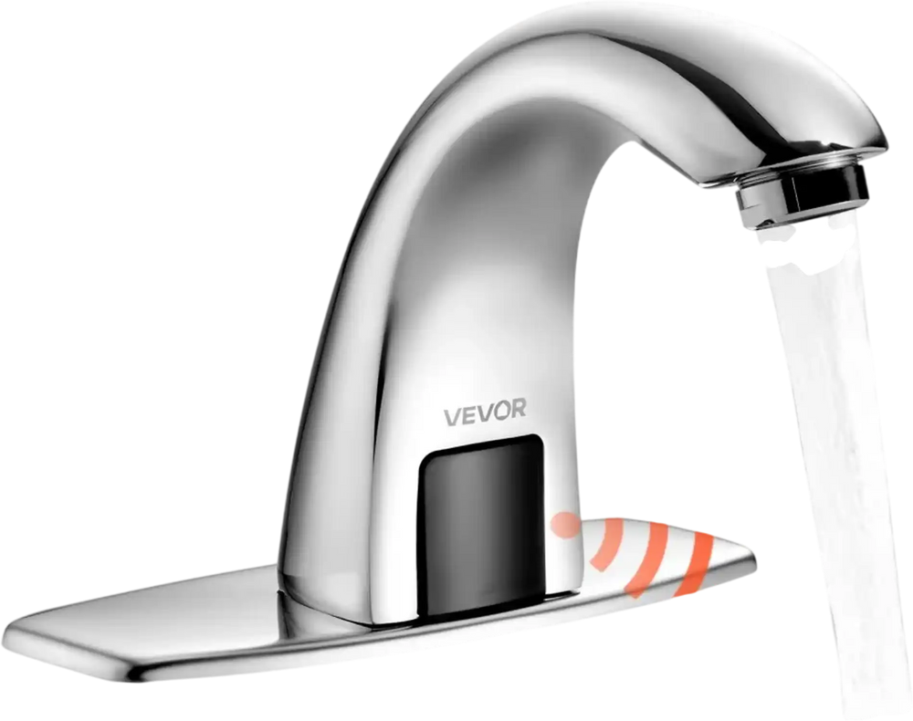 VEVOR Touchless Bathroom Sink Faucet, Automatic Motion Sensor Restroom Toilet Faucet with Hole Cover Plate, Battery Operated,Adjustable Temp for 9/16 in Pipe Commercial Lavatory,Chrome Plated Silver
