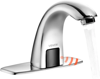 VEVOR Touchless Bathroom Sink Faucet, Automatic Motion Sensor Restroom Toilet Faucet with Hole Cover Plate, Battery Operated,Adjustable Temp for 9/16 in Pipe Commercial Lavatory,Chrome Plated Silver