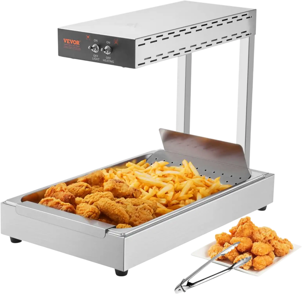 VEVOR French Fry Food Warmer, 750W Commercial Food Heating Lamp, Electric Stainless Steel Warming Light Dump Station, Countertop 104-122°F Fries Food Warmer for Chip Buffet Kitchen Restaurant, Silver