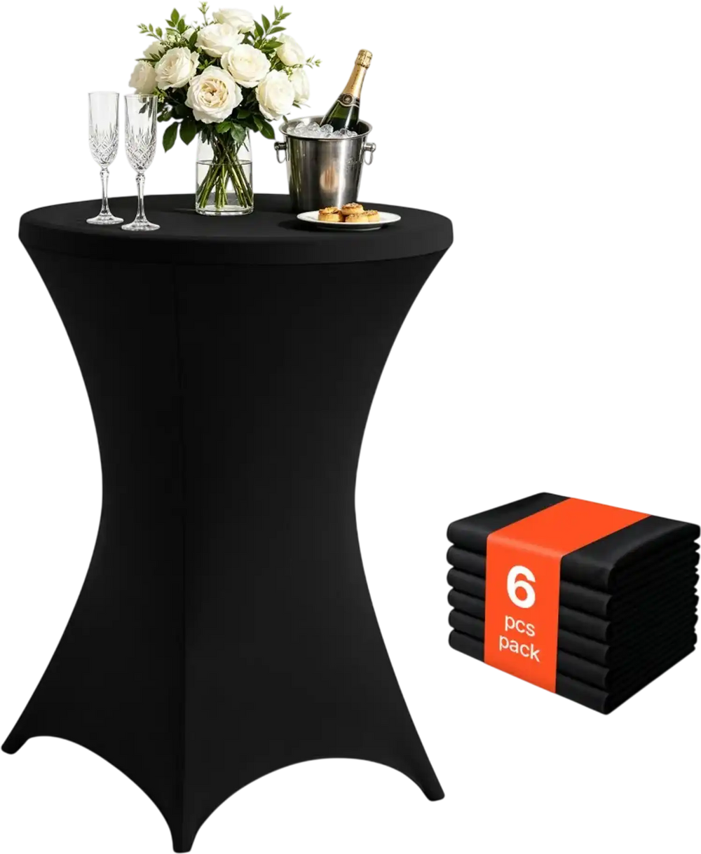 VEVOR Cocktail Tablecloth, 32 x 43 in, 6 Pack, Black Stretch Spandex Covers, for Party Wedding Cocktail Banquet Festival, Washable, Reusable, High Top, Tight, Fitted Table Cloth with 4 Foot Pockets