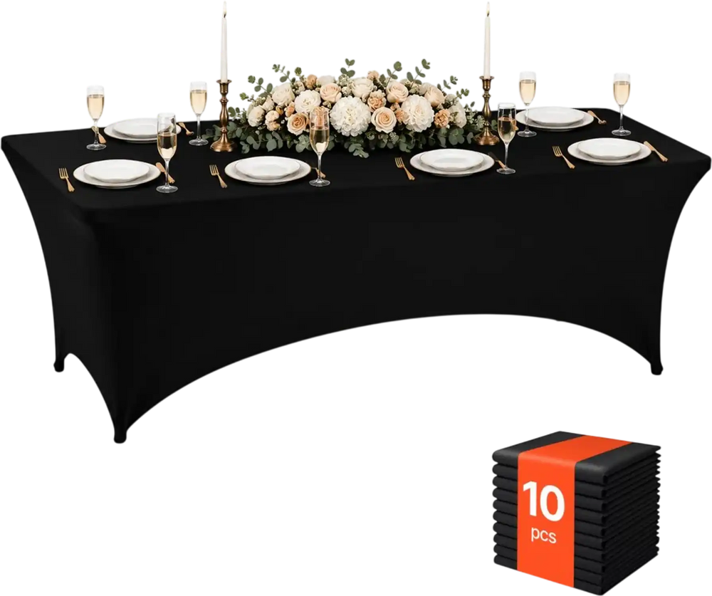 VEVOR Rectangular Spandex Tablecloths, 8 ft 10 Pack, Black Polyester Covers, for Party Wedding Banquet Festival, Tight, Fitted Table Cloth, Washable, Reusable, Wrinkle Resistant Table Cover