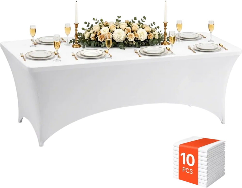VEVOR Rectangular Spandex Tablecloths, 8 ft 10 Pack, White Polyester Covers, for Party Wedding Banquet Festival, Tight, Fitted Table Cloth, Washable, Reusable, Wrinkle Resistant Table Cover