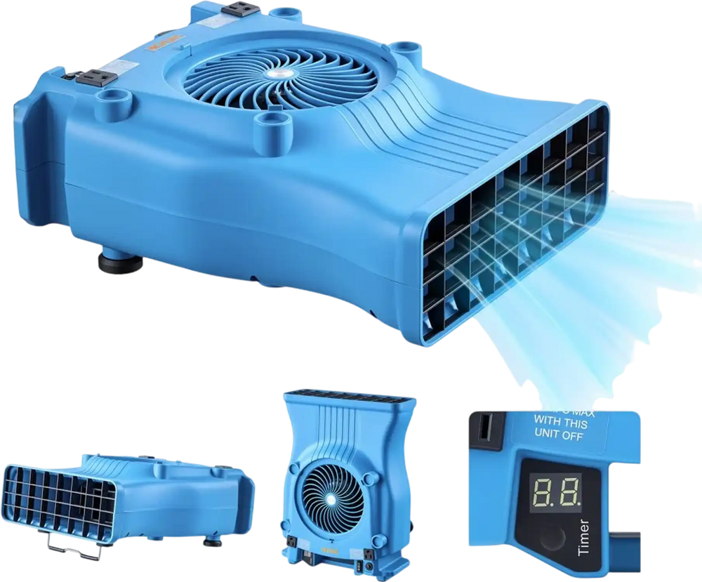 VEVOR Blower Fan, Low Profile Air Mover Carpet Dryer, 1000 CFM, 2 Speeds, Multi-Angle Airflow, Lightweight Portable for Crawlspaces, Attics, Basements, Bathrooms, Water Damage Restoration, Blue