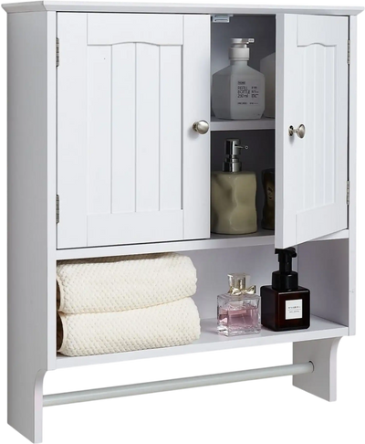 VEVOR Bathroom Wall Cabinet, 2 Doors and Adjustable Shelf, Over the Toilet Storage Medicine Cabinet Wall Mounted, Hanging Organizer with Open Partition and Towel Bar for Laundry Room Kitchen, White