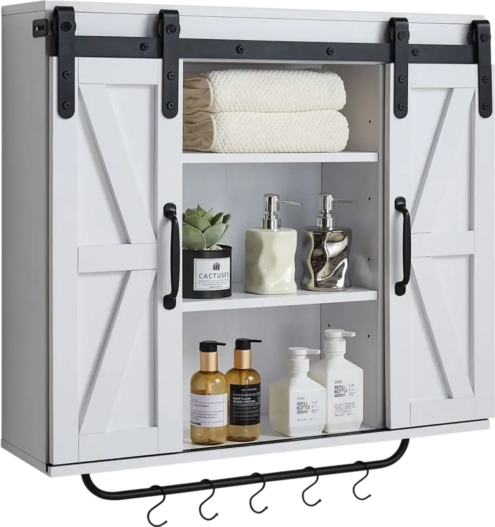 VEVOR Bathroom Wall Cabinet, 2 Doors and Adjustable Shelf, Over the Toilet Storage Medicine Cabinet Wall Mounted, Hanging Organizer with Open Partition/Towel Bar/Hooks for Laundry Room Kitchen, White