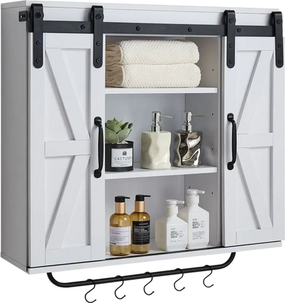 VEVOR Bathroom Wall Cabinet, 2 Doors and Adjustable Shelf, Over the Toilet Storage Medicine Cabinet Wall Mounted, Hanging Organizer with Open Partition/Towel Bar/Hooks for Laundry Room Kitchen, White