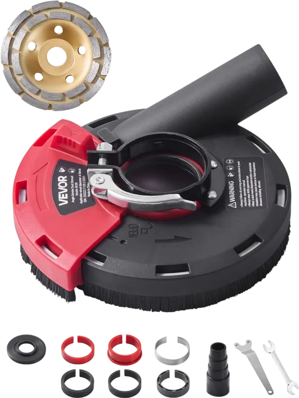 VEVOR Grinding Dust Shroud for Angle Grinder, Universal 4-5 in, Surface Grinder Dust Shroud with 6 Clamping Washers & 5 in Diamond Grinding Cup Wheel, Connect to Vacuum Cleaner, for Wood Concrete Wall