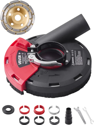 VEVOR Grinding Dust Shroud for Angle Grinder, Universal 4-5 in, Surface Grinder Dust Shroud with 6 Clamping Washers & 5 in Diamond Grinding Cup Wheel, Connect to Vacuum Cleaner, for Wood Concrete Wall