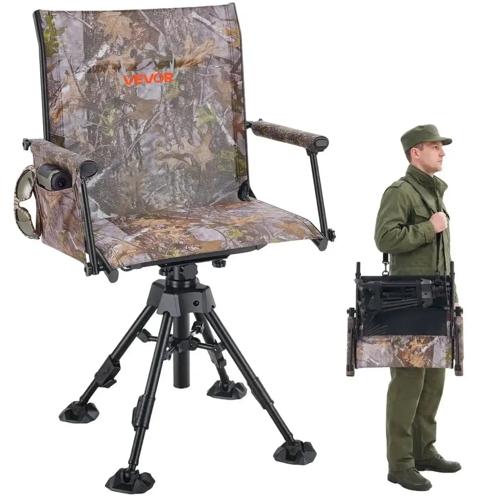 VEVOR 360° Silent Swivel Hunting Chair, 350 lb Blind Chair, Adjustable Legs, Foldable Portable Ground Stool Seat, Breathable Teslin Mesh, Wide Duck Feet, Armrests with Storage Bag & Shoulder Strap