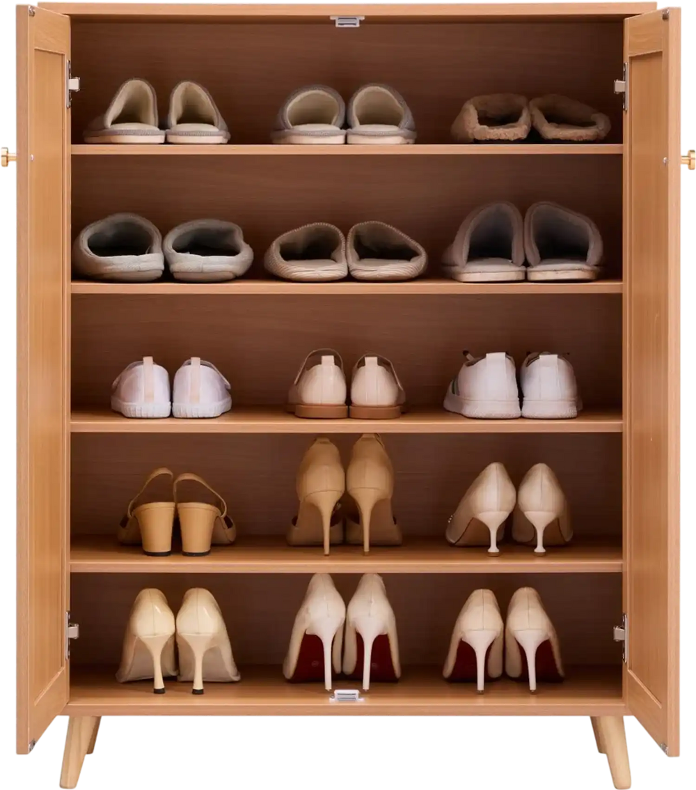 VEVOR Rattan Shoe Cabinet, 5 Tiers Shoe Storage Organizer with 2 Doors and Adjustable Shelves, 40.35" Tall Rattan Shoe Storage Entryway Cabinet Ideal for Entryway, Closet, Hallway, Light Wood Color