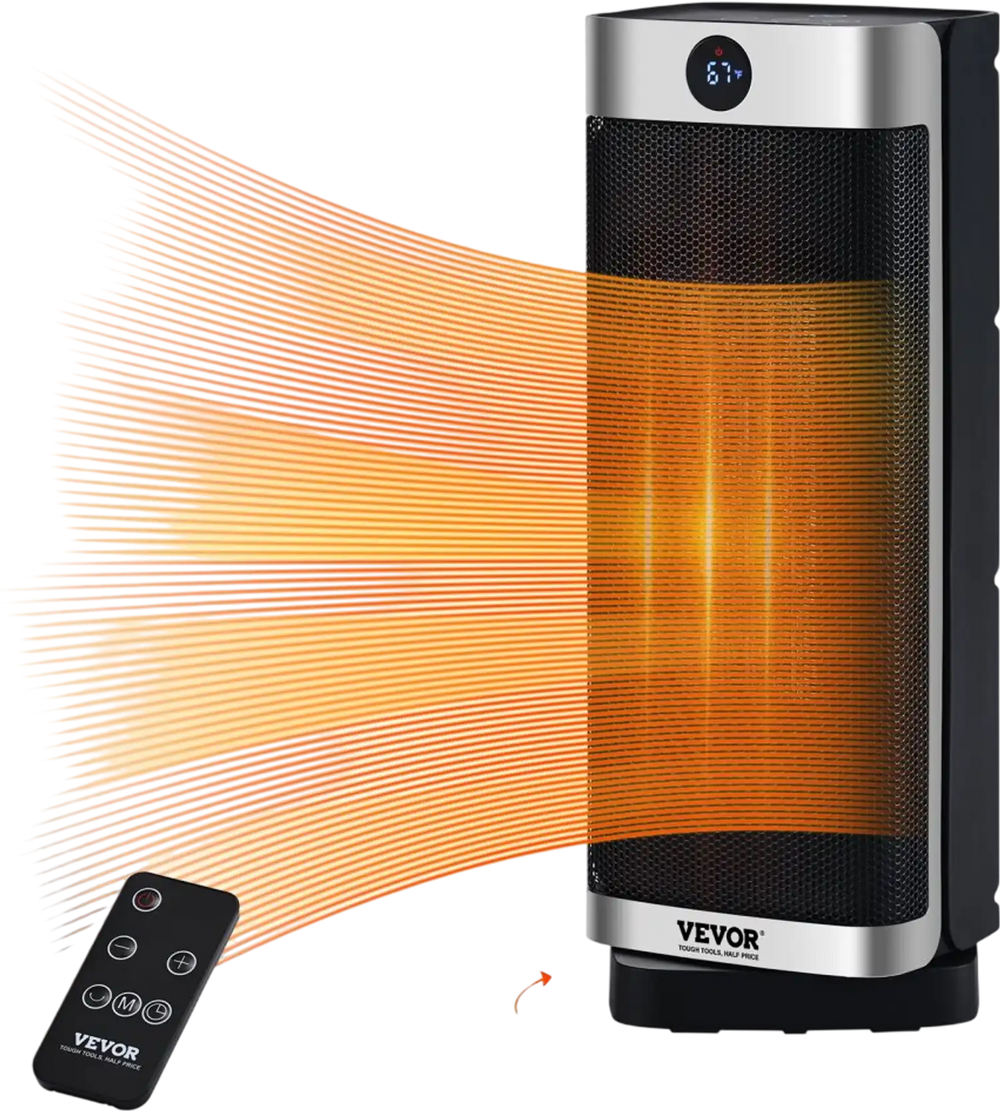 VEVOR Electric Space Heater with Thermostat Remote Control, 2-Level Adjustable Quiet Ceramic Heater Fan, 16in Tip-Over Overheat Protection Small Heaters Built-in Filter for Office Room Desk Indoor Use