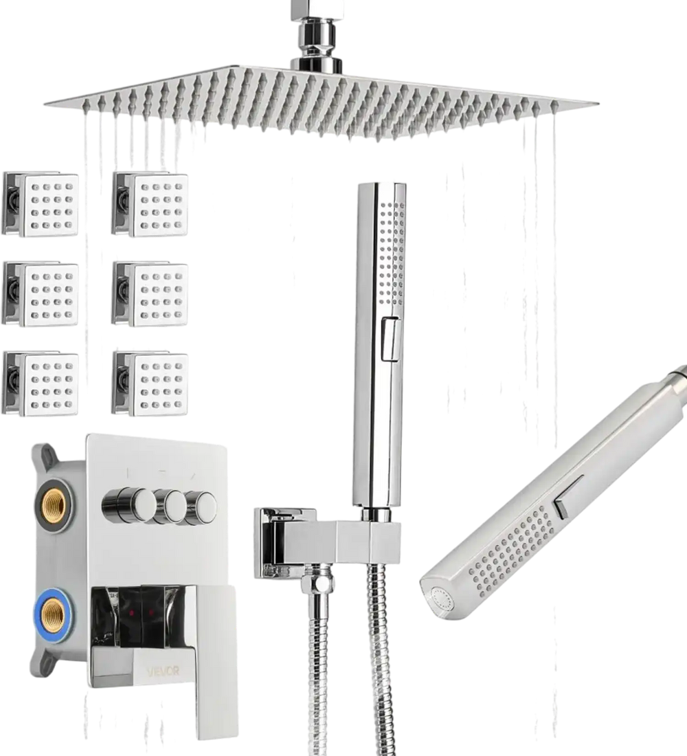VEVOR Shower Faucet Set, 10 Inch Ceiling Mount Rainfall Shower System with 6 Body Jets and 2 in 1 Handheld Spray, Rotatable 3-Function Rain Head System Set, Complete Brass Valve and Trim Kit, Chrome