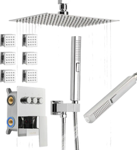 VEVOR Shower Faucet Set, 10 Inch Ceiling Mount Rainfall Shower System with 6 Body Jets and 2 in 1 Handheld Spray, Rotatable 3-Function Rain Head System Set, Complete Brass Valve and Trim Kit, Chrome