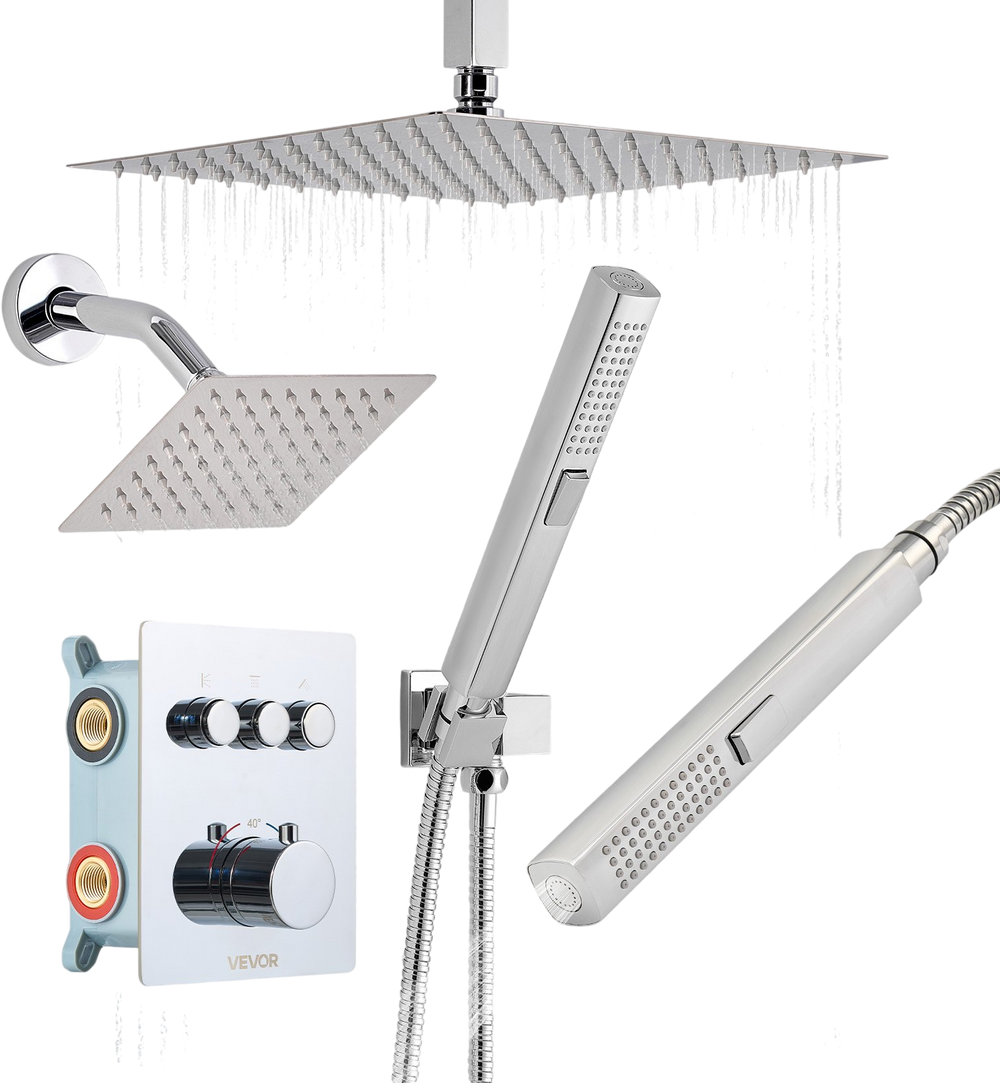 VEVOR Shower Faucet Set, 12 Inch Thermostatic Ceiling Mount Rainfall Shower System with 6 Inch Wall Mount Head and 2 in 1 Handheld Spray, 3-Function Dual Rain Head Brass Valve and Trim Kit, Chrome