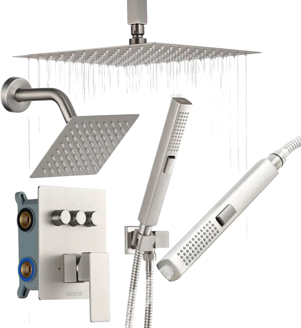 VEVOR Shower Faucet Set, 10 Inch Ceiling Mount Rainfall Shower System with 6 Inch Wall Mount Head and 2 in 1 Handheld Spray, Rotatable 3-Function Dual Rain Head Brass Valve & Trim Kit, Brushed Nickel