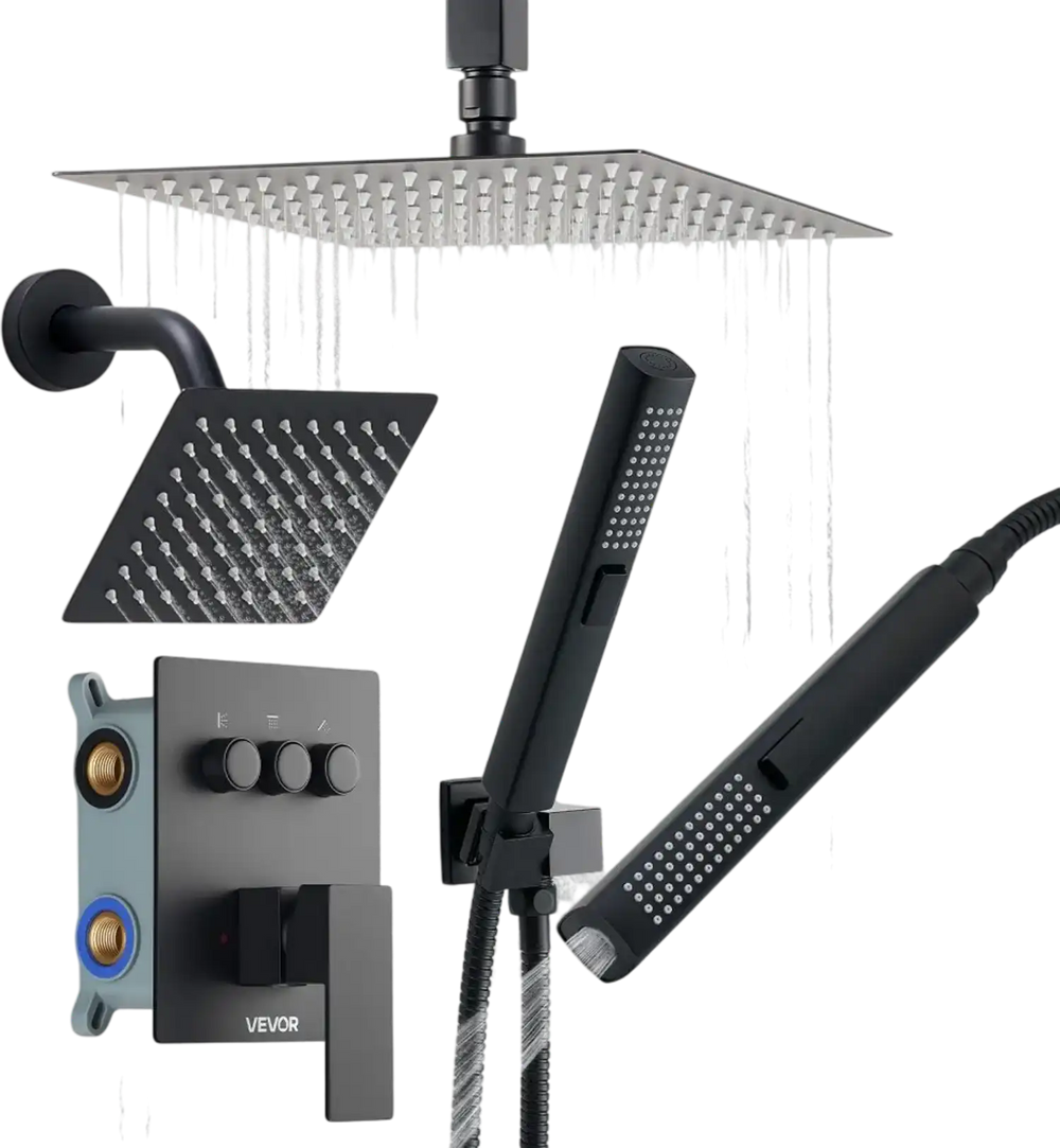 VEVOR Shower Faucet Set, 10 Inch Ceiling Mount Rainfall Shower System with 6 Inch Wall Mount Head and 2 in 1 Handheld Spray, Rotatable 3-Function Dual Rain Head Brass Valve and Trim Kit, Matte Black