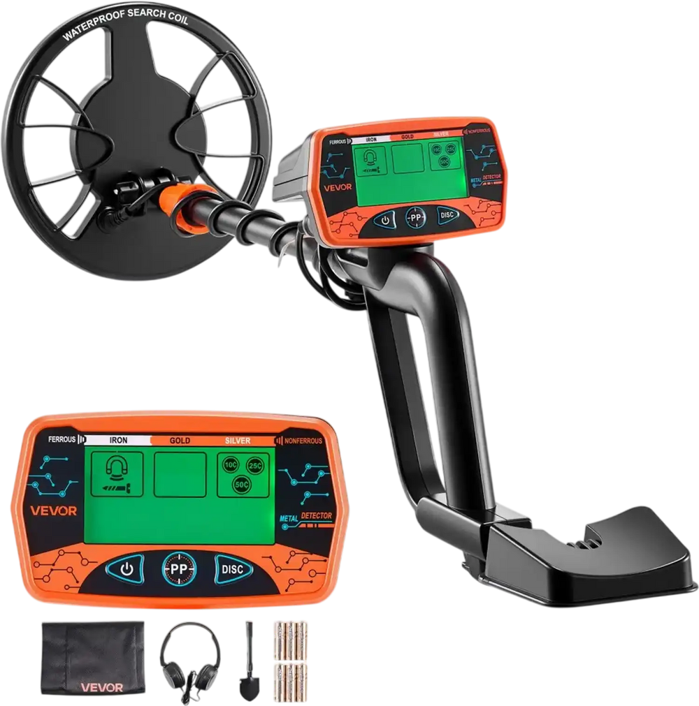VEVOR Metal Detector for Adults, 8", Professional High Accuracy Gold Detector, IP68 Waterproof Search Coil with Display, Headphones, 3 Modes, Adjustable Length, for Detecting Gold Treasure Hunting