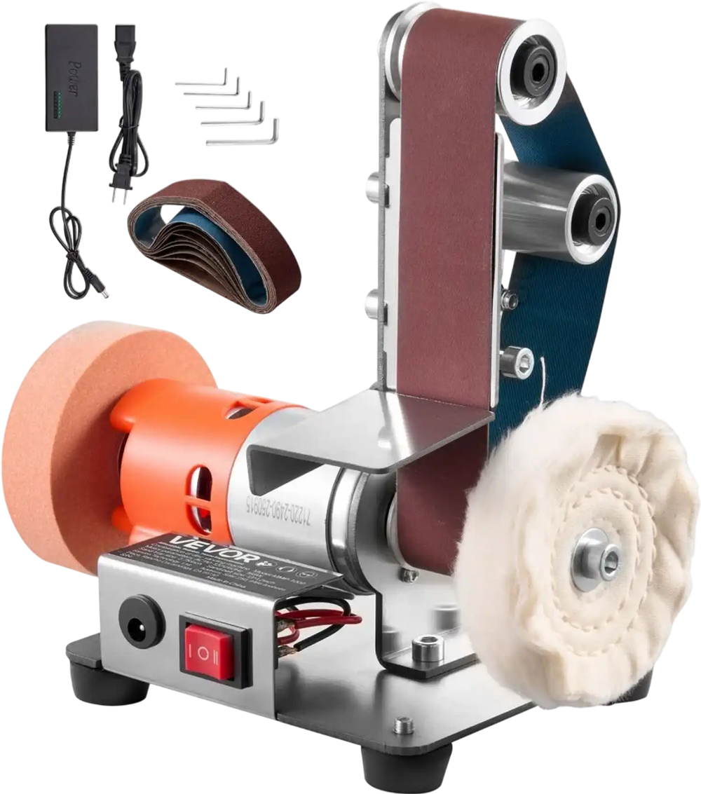 VEVOR 3-in-1 Mini Belt Sander, 13" x 1.2" Sanding Belt, 2.75" Grinding & Polishing Wheel Combo, 7-Speed Adjustable with Forward/Reverse Control for Woodworking, Jewelry Making, Knife Sharpening