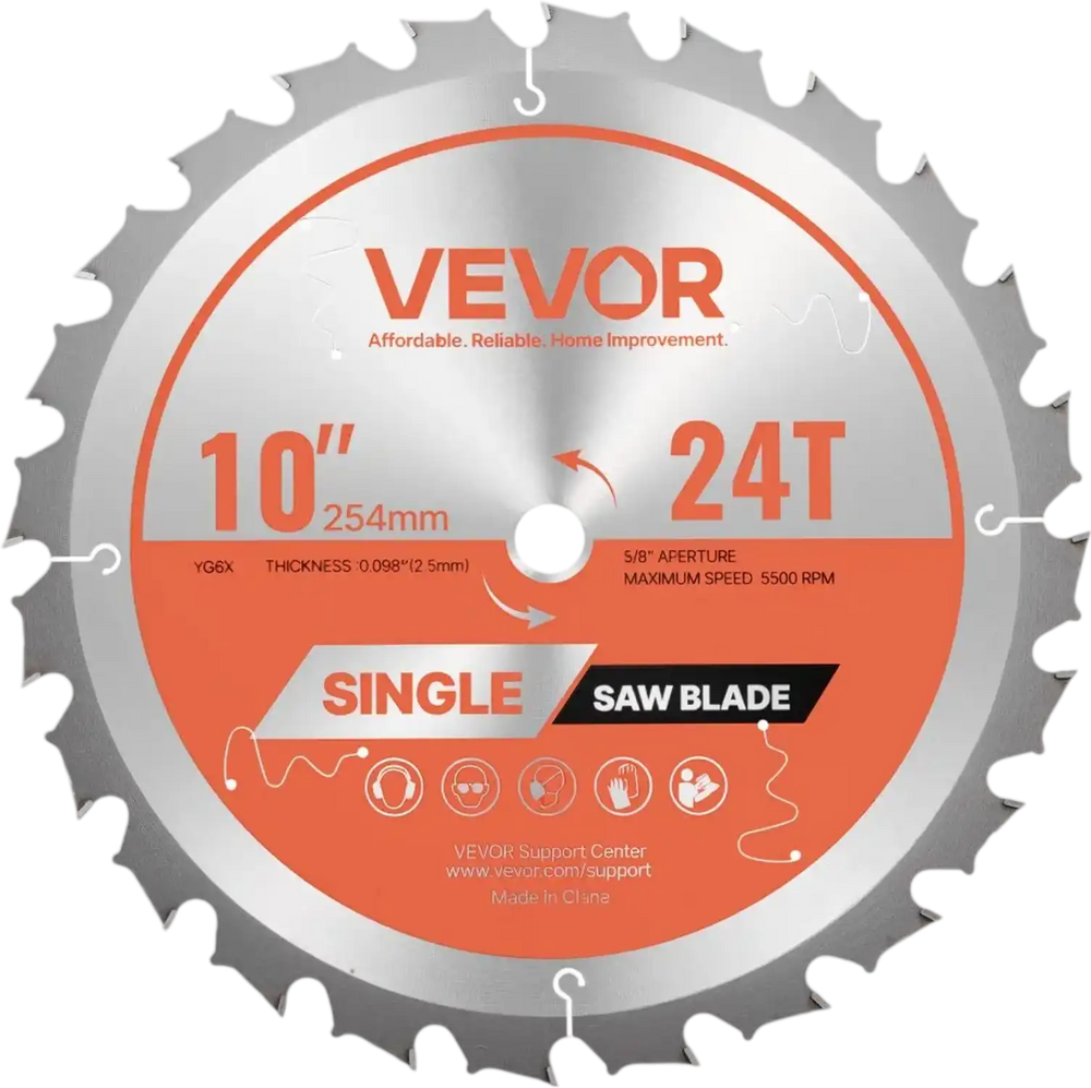 VEVOR Circular Saw Blade, 10 inch Diameter, 24 Sharp Alloy Teeth, 5/8 inch Arbor, Fine Finish, Wood Cutting Blade for Circular Saw, with Noise-Reducing Heat Vents, for Cutting Plywood, OSB, Hardwood