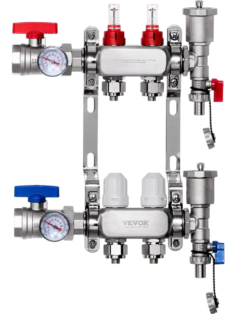 VEVOR 2-Branch Radiant Heat Manifold, 1/2" PEX Tubing Manifold, Stainless Steel PEX Manifold for Hydronic Radiant Floor Heating, Radiant Heat PEX Manifold Kit with 1/2" Adapters Included