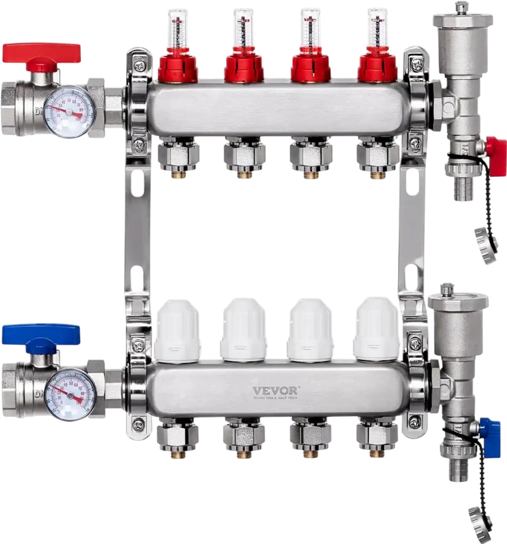 VEVOR 4-Branch Radiant Heat Manifold, 1/2" PEX Tubing Manifold, Stainless Steel PEX Manifold for Hydronic Radiant Floor Heating, Radiant Heat PEX Manifold Kit with 1/2" Adapters Included