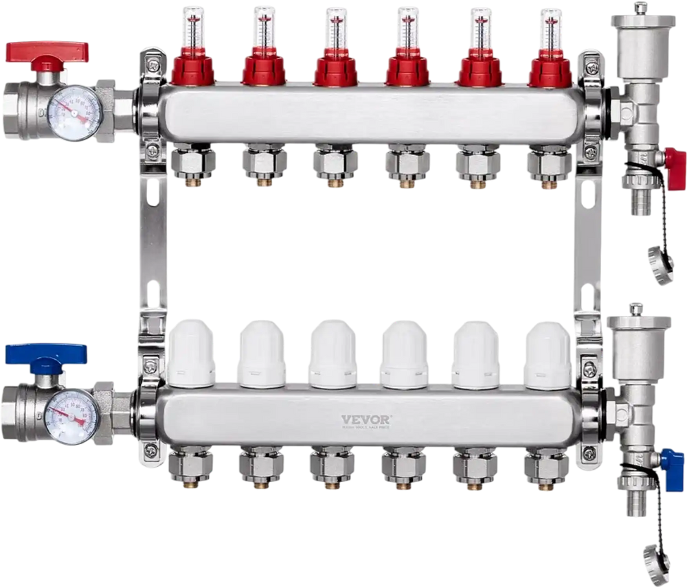 VEVOR 6-Branch Radiant Heat Manifold, 1/2" PEX Tubing Manifold, Stainless Steel PEX Manifold for Hydronic Radiant Floor Heating, Radiant Heat PEX Manifold Kit with 1/2" Adapters Included