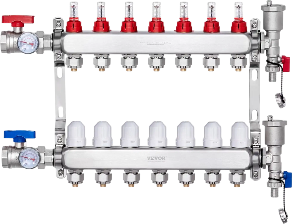 VEVOR 7-Branch Radiant Heat Manifold, 1/2" PEX Tubing Manifold, Stainless Steel PEX Manifold for Hydronic Radiant Floor Heating, Radiant Heat PEX Manifold Kit with 1/2" Adapters Included