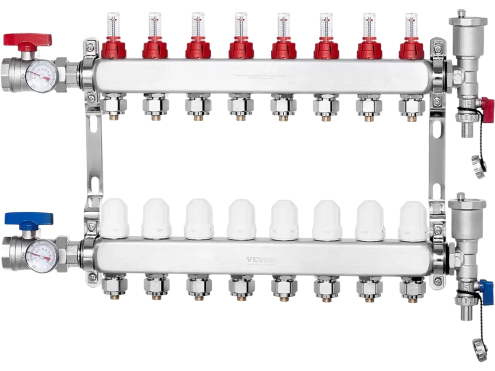 VEVOR 8-Branch Radiant Heat Manifold, 1/2" PEX Tubing Manifold, Stainless Steel PEX Manifold for Hydronic Radiant Floor Heating, Radiant Heat PEX Manifold Kit with 1/2" Adapters Included
