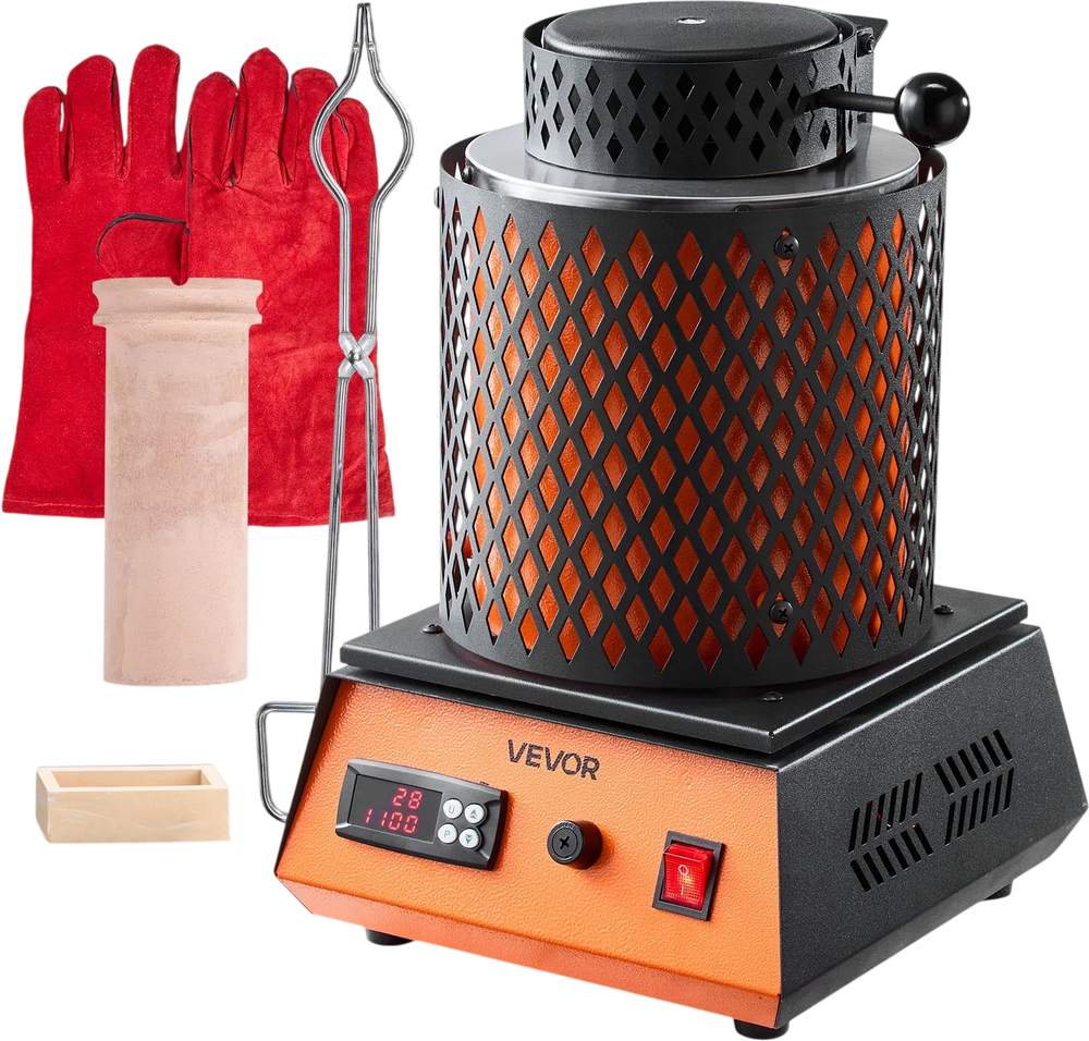VEVOR Electric Melting Furnace, 1350W Electric Metal Smelter Foundry, 2102℉/1150℃ Metal Smelting Machine with 3kg Ceramic Crucible, Gold Smelting Kit for Jewelry Making, Metal Bars, Metal Components