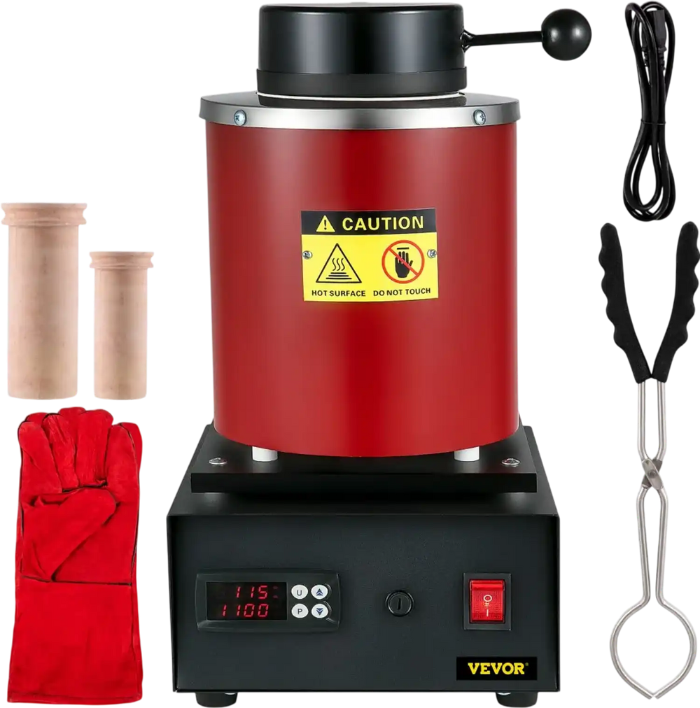 VEVOR Gold Melting Furnace, 1350W, 2102 ℉ Max Temperature, 3 kg Digital Electric Melting Furnace, with 1 kg and 3 kg Ceramic Crucible and Ingot Die for Processing of Gold, Silver, Aluminum, Copper