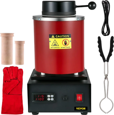 VEVOR Gold Melting Furnace, 1350W, 2102 ℉ Max Temperature, 3 kg Digital Electric Melting Furnace, with 1 kg and 3 kg Ceramic Crucible and Ingot Die for Processing of Gold, Silver, Aluminum, Copper