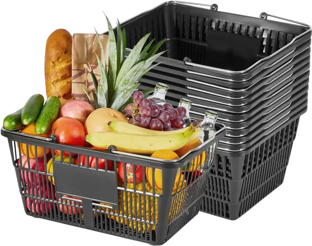VEVOR Shopping Baskets, 12 PCS, 21L Stackable PE Plastic Grocery Baskets with Handles, Dense Mesh Structure, Holds up to 20 lbs, Portable for Grocery, Retail, Stores, Supermarket, Home Use, Black