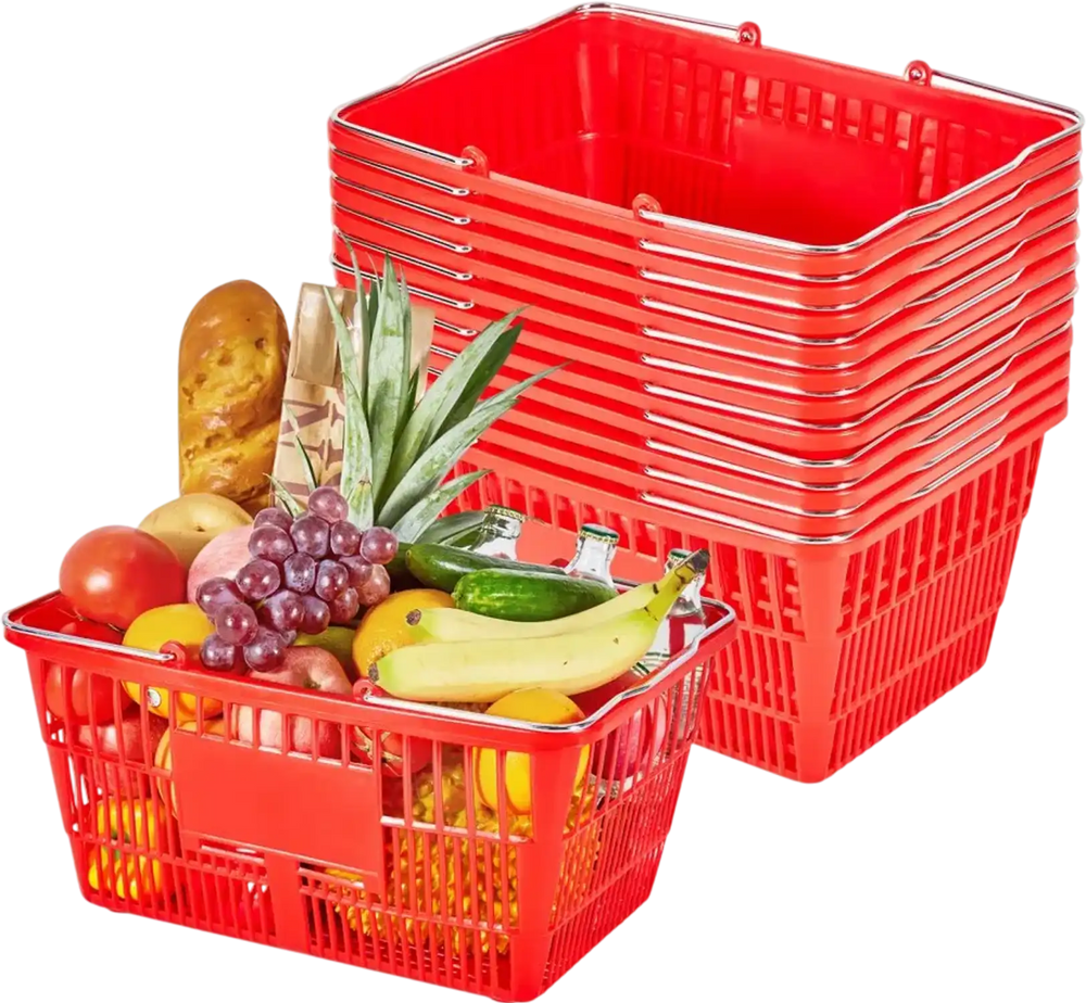 VEVOR Shopping Baskets, 12 PCS, 21L Stackable PE Plastic Grocery Baskets with Metal Handles, Dense Mesh Structure, Holds up to 20 lbs, Portable for Grocery, Retail, Stores, Supermarket, Home Use, Red