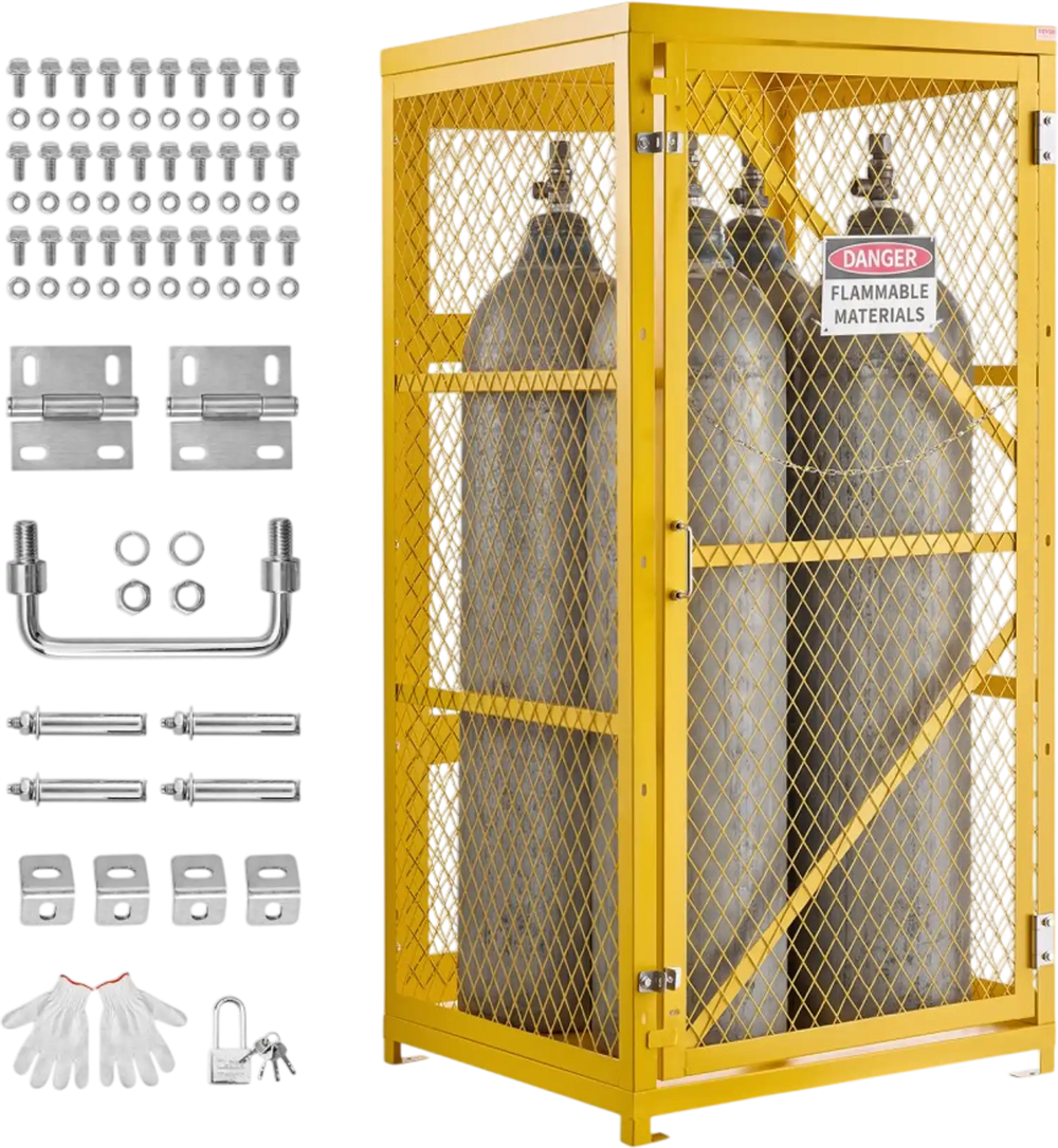 VEVOR Vertical Cylinder Storage Cabinet, 31"L x 30"W x 65"H, 9 Cylinder Capacity, Propane Storage Cage with Chain, Lock and Keys, Yellow Powder-Coated Carbon Steel, for Propane, Oxygen, Nitrogen