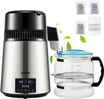 VEVOR 1.1Gal Water Distiller, 0.4Gal/H, Distilled Water Maker Machine 1750W 0-99H Timing Dual Temp Display, 304 Stainless Steel Countertop Distiller Glass Carafe Cleaning Powder 3 Carbon Packs, Silver