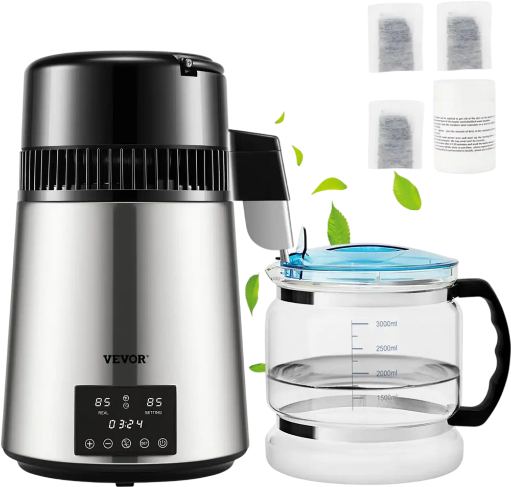 VEVOR 1.1Gal Water Distiller, 0.3Gal/H, 750W Distilled Water Maker Machine 0-99H Timing Dual Temp Display, 304 Stainless Steel Countertop Distiller Glass Carafe Cleaning Powder 3 Carbon Packs, Silver