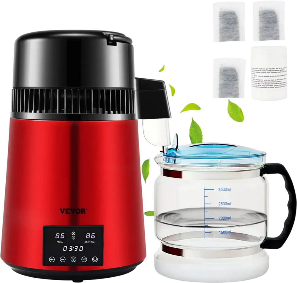 VEVOR 1.1Gal Water Distiller, 0.3Gal/H, 750W Distilled Water Maker Machine 0-99H Timing Dual Temp Display, 304 Stainless Steel Countertop Distiller Glass Carafe Cleaning Powder 3 Carbon Packs, Red