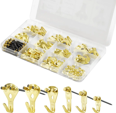 VEVOR 130 Pieces Picture Hanging Kit, 10lb, 20lb, 30lb, 50lb, 75lb and 100lb Picture Hangers, Metal Pictures Hanging Hooks with Nails for Mirror, Painting, Photo Frame on Drywall & Wooden Wall, Gold