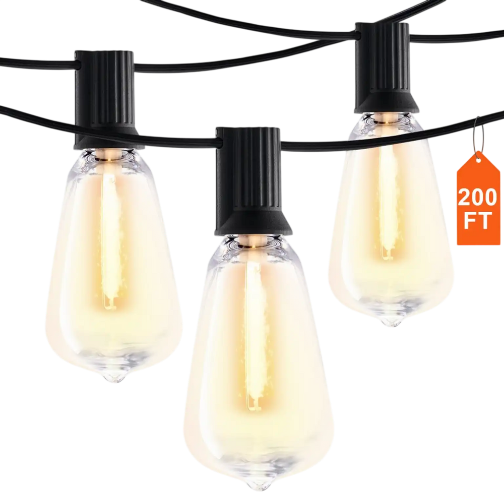 VEVOR LED Outdoor String Lights, 200FT, 2700K Dimmable Outside Patio Lights with 100 ST38 Shatterproof Bulbs E12 Socket Base, Waterproof Hanging Lights for Porch Backyard Garden Balcony Party Decor