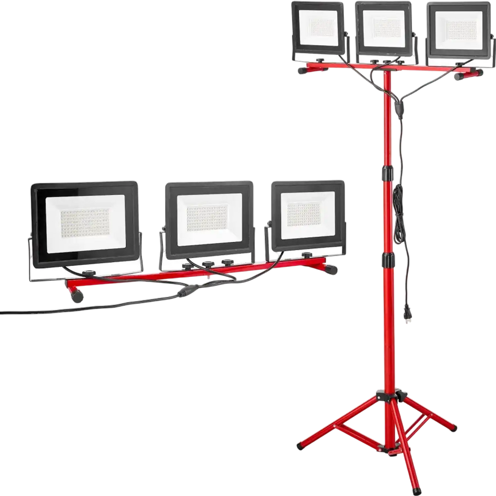 VEVOR LED Work Light with Stand, 21000 Lumens, Three-Head Portable Camping Light with Individual Switch, Tripod Stand, 10.83 ft Power Cord, for Indoor Outdoor Job Site Construction, IP65 Waterproof