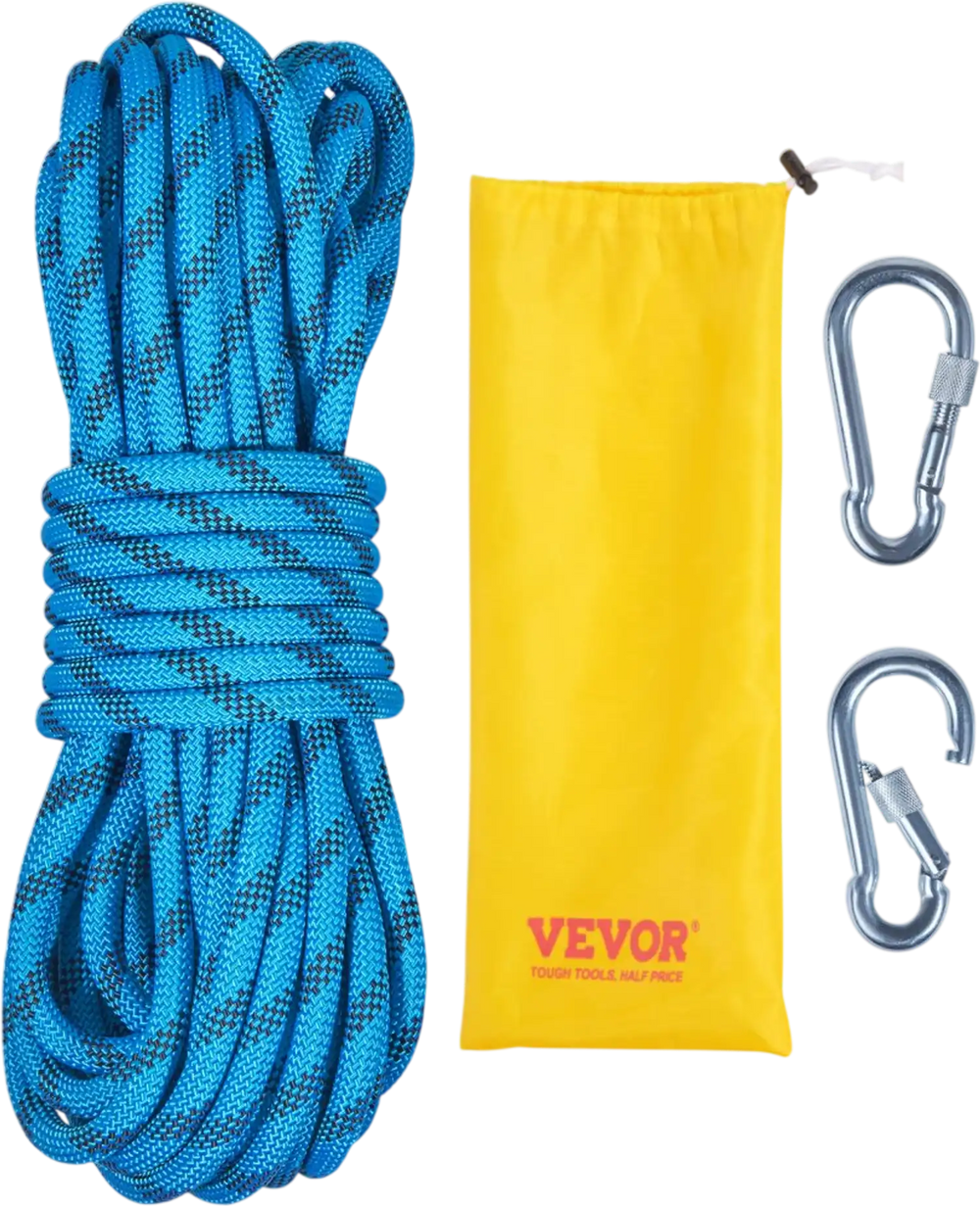 VEVOR 10.5 mm Static Climbing Rope, 29.3M(96ft) Outdoor Rock Climbing Rope 25KN Breaking Tension, Fiber Rope with Steel Snap Hooks for Escape, Rappelling, Fire Rescue, Blue