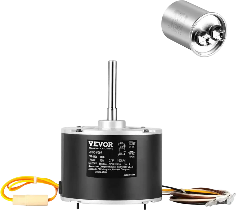 VEVOR Condenser Fan Motor 5KCP39BGS069S, 5KCP39BGY915S, 1/10 HP 208-230V, 1100RPM, OEM Standard Upgraded Replacement Condenser Motor Reversible Rotating, Explosion-proof CBB65 5μF/370V Capacitor