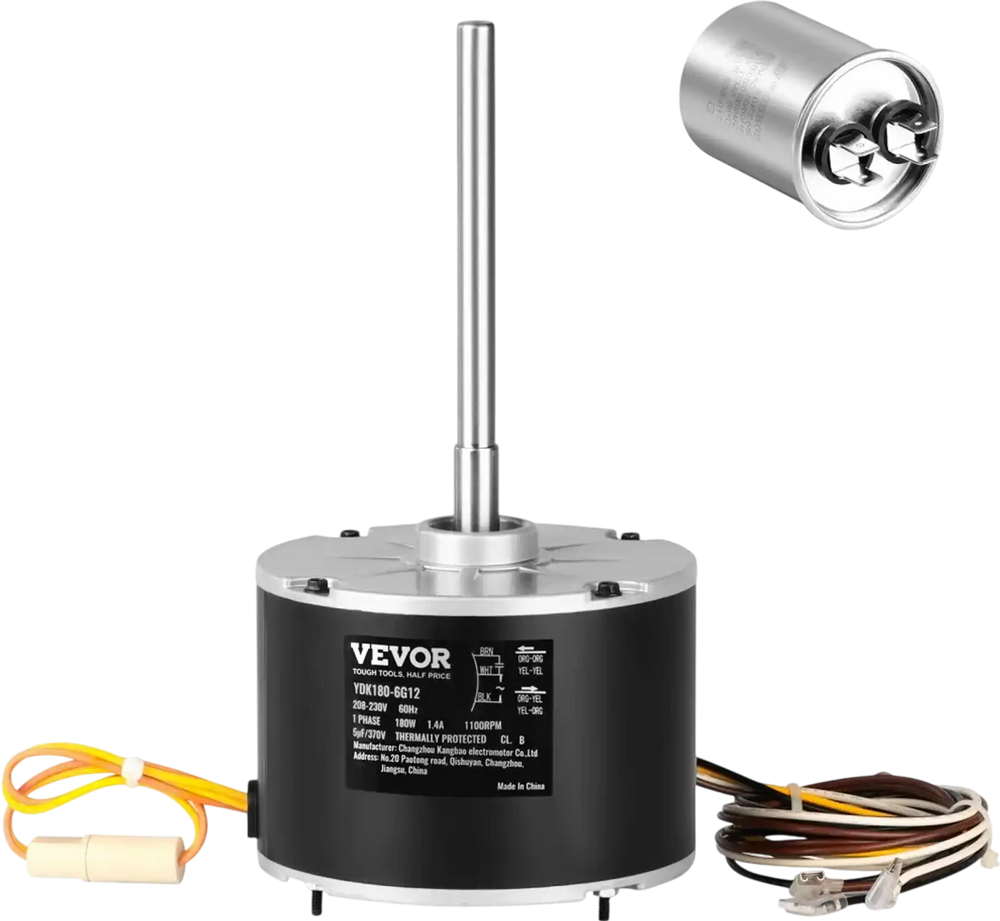 VEVOR Condenser Fan Motor 5KCP39EGS070S, 5KCP39EGY823S, 1/4 HP 208-230V, 1100RPM, OEM Standard Upgraded Replacement Condenser Motor Reversible Rotating, Explosion-proof CBB65 5μF/370V Capacitor