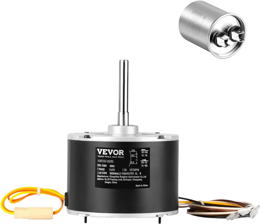 VEVOR Condenser Fan Motor K55HXJKL-2918, 51-23055-11, 1/5 HP 208-230V, 1075RPM, OEM Standard Upgraded Replacement Condenser Motor Reversible Rotating, Explosion-proof CBB65 5μF/370V Capacitor