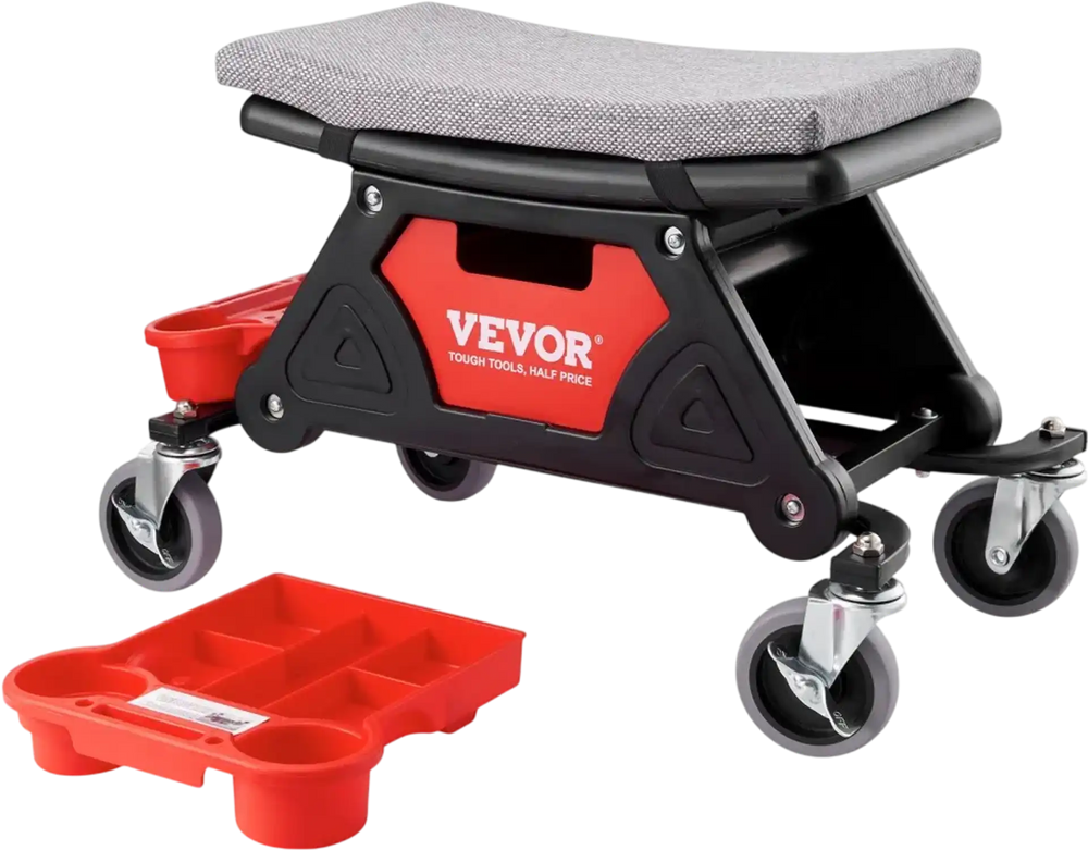 VEVOR Mechanics Stool, 300 LBS Capacity Rolling Mechanic Seat with 4" Wheels, with Three Slide Out Tool Trays and Drawer, Heavy Duty Roller Creeper Seat for Home Garage DIY Automotive