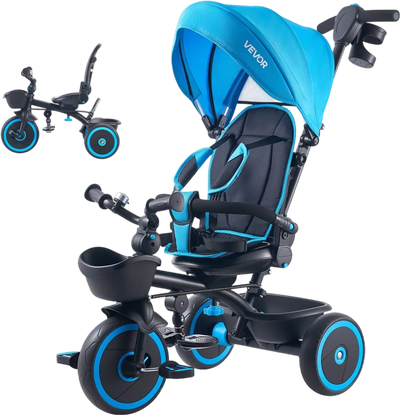 Vevor Tricycle 6-in-1 Toddler Tricycle Stroller with Parent Push Handle Canopy Blue Black New